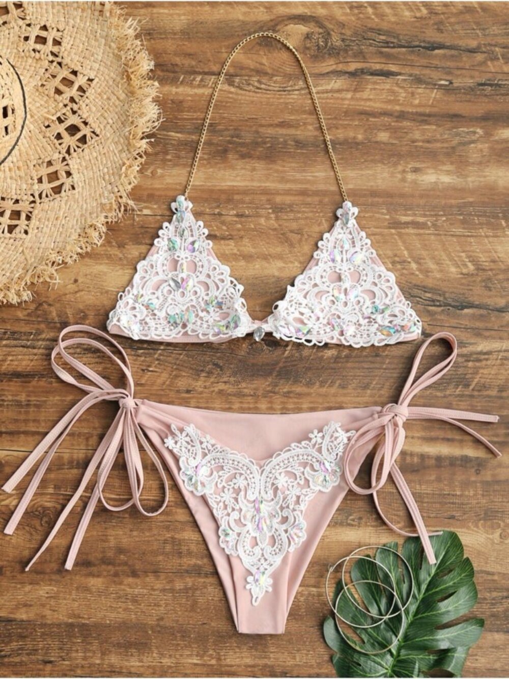 ZAFUL | L | Crochet Panel Rhinestone String Bikini Pink Beige White Bottoms - Picture 14 of 15